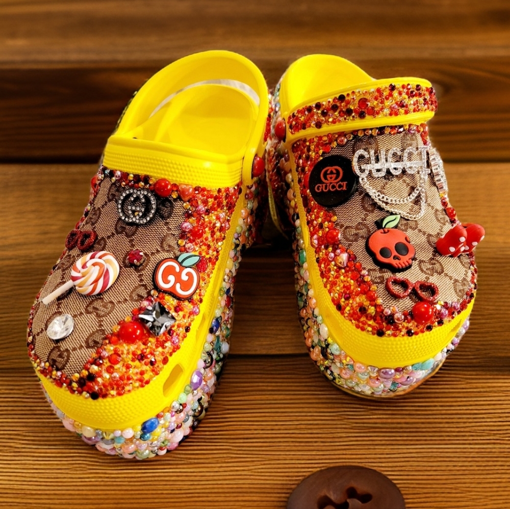 Size 9 Custom Blinged 4" Platform garden shoes. Crocs Style